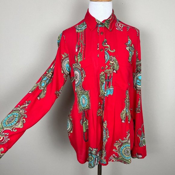 Maeve Anthropologie Shirt Women 4 Red Clock Long Sleeve Whimsy‎ Button Down Top - Picture 4 of 12
